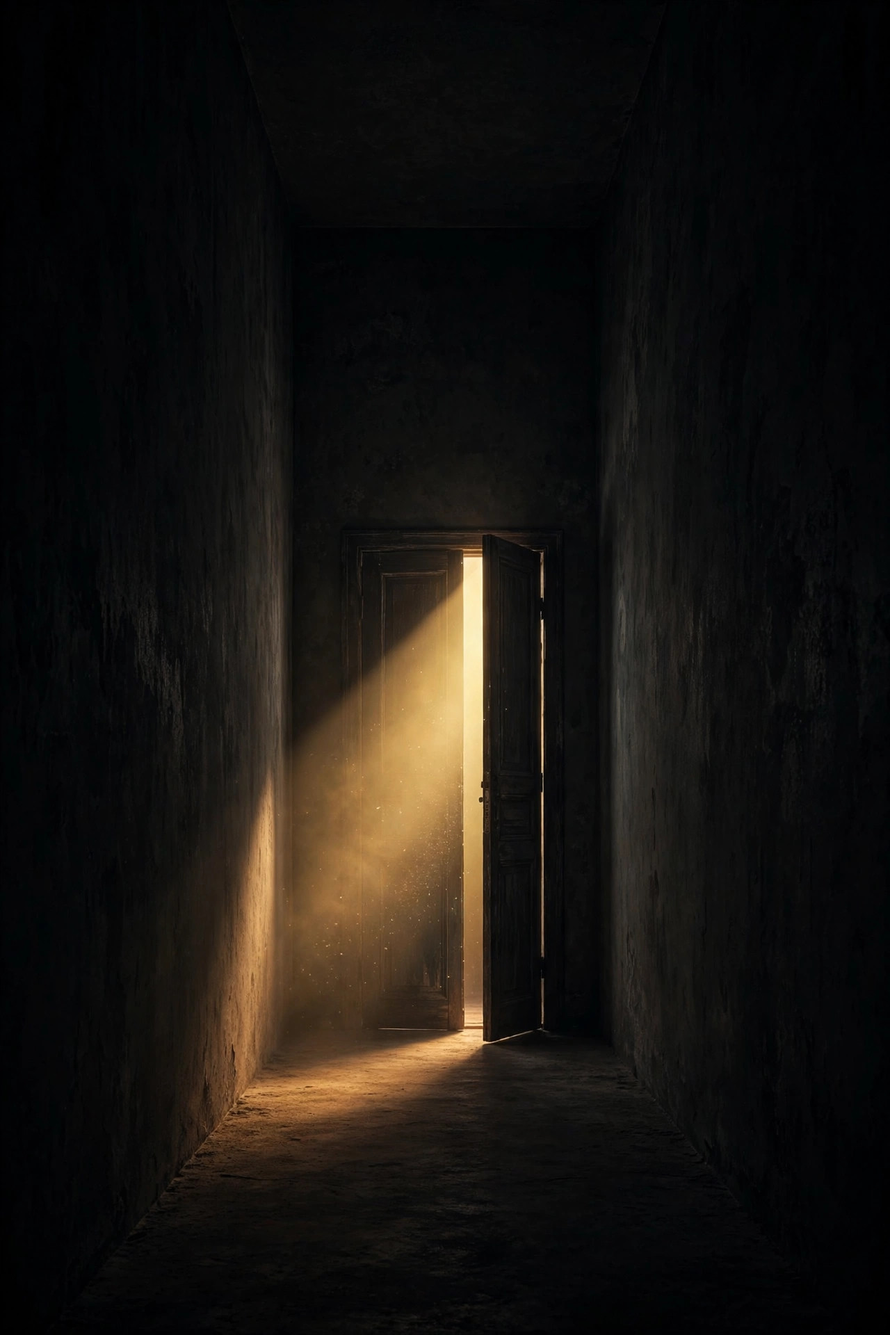 Dark corridor with a door ajar spilling golden light