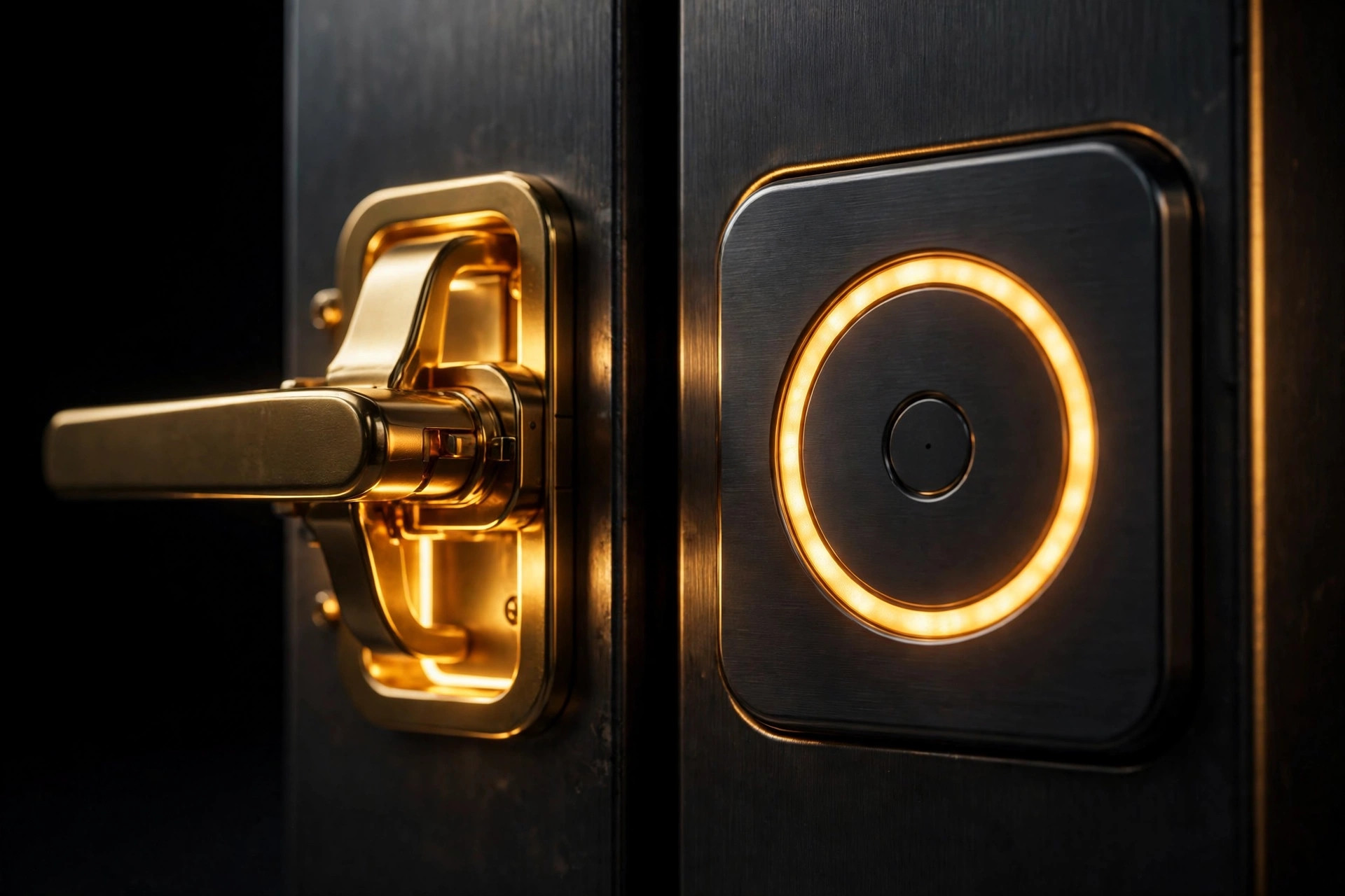 Glowing gold gate latch on dark metal