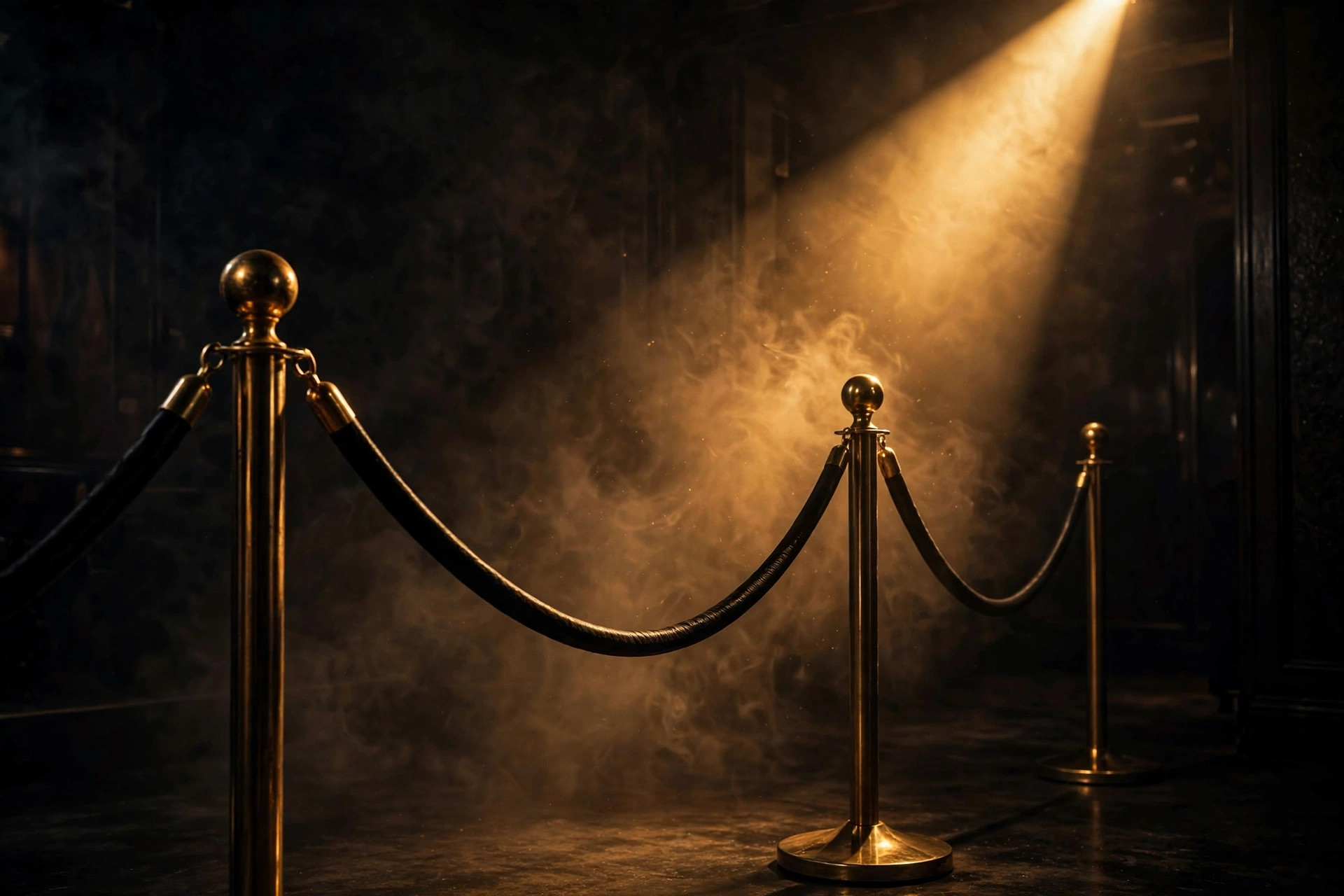 Velvet rope barrier in a dark room lit by warm gold light