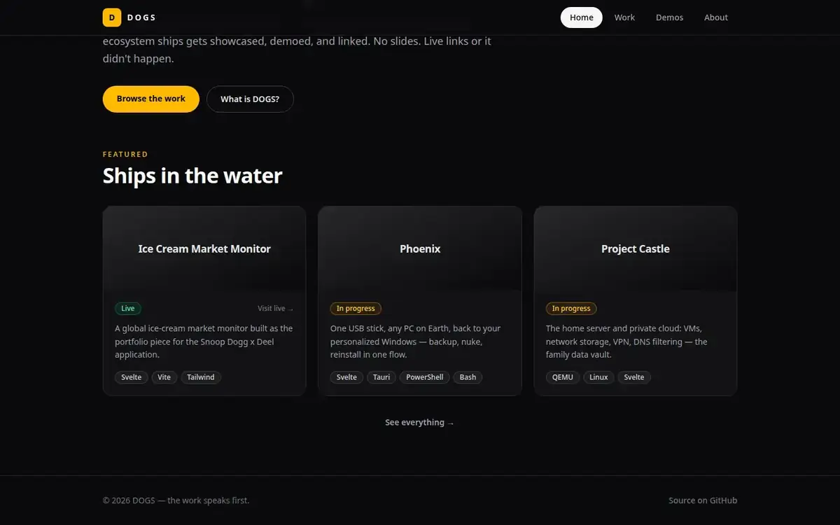 Live site — desktop, scrolled