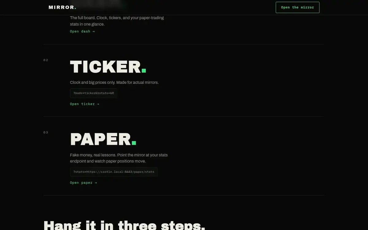 Live site — desktop, scrolled