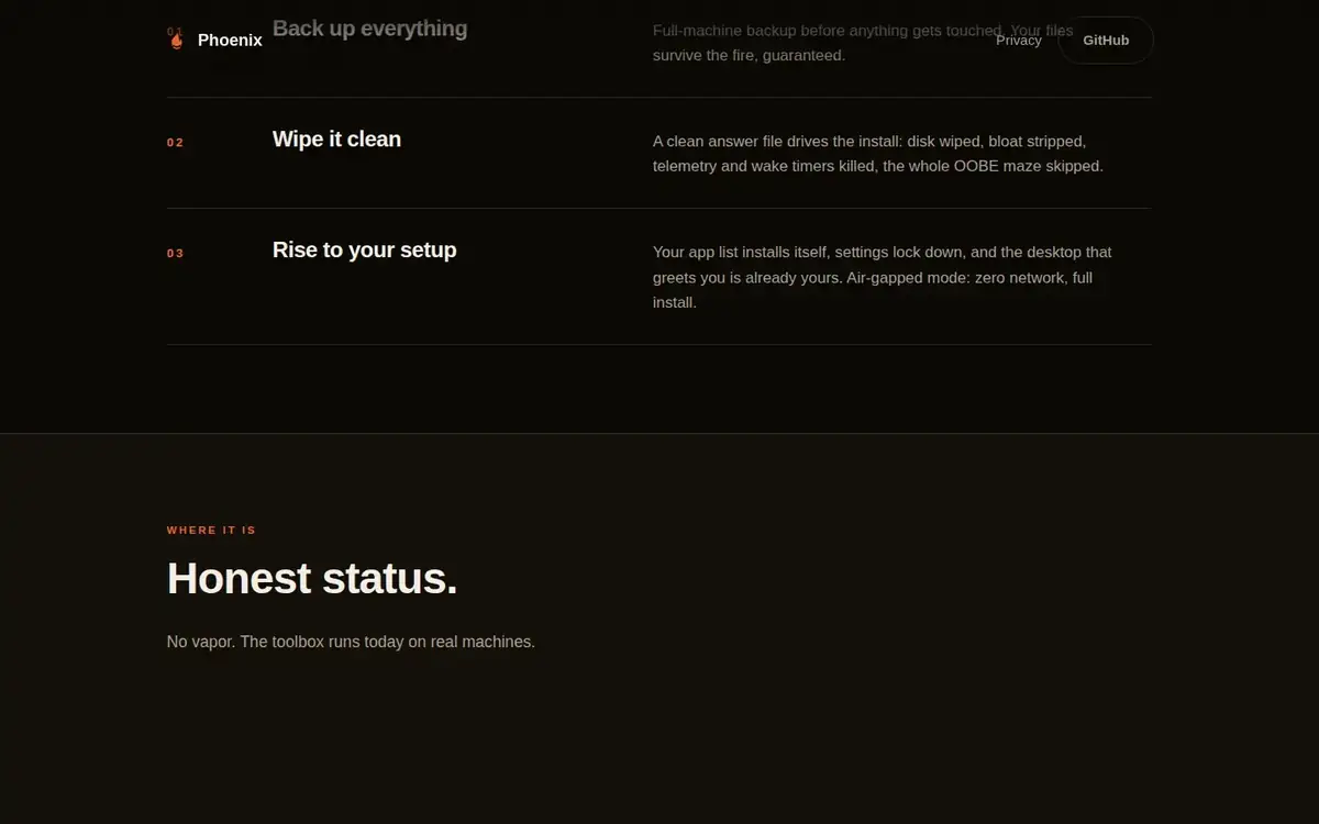Live site — desktop, scrolled