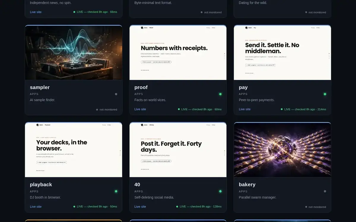 Live site — desktop, scrolled
